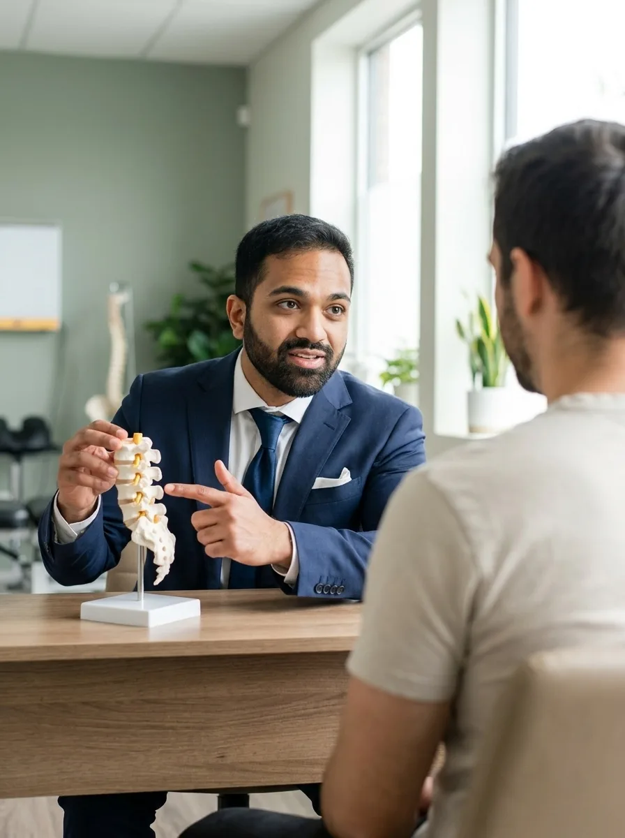 Dr. Shiveindra Jeyamohan consulting with a patient about a lumbar spine procedure.