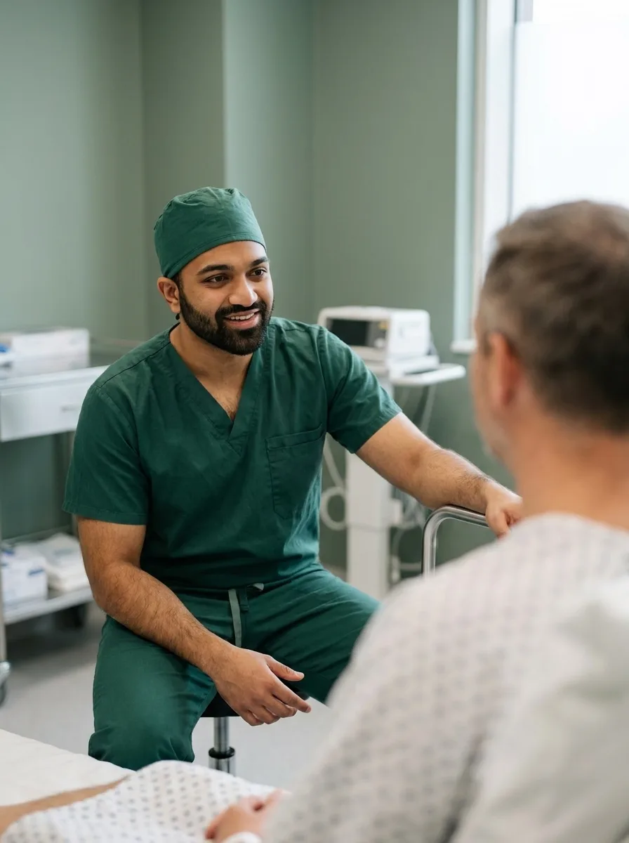 Dr. Shiveindra Jeyamohan consulting with a patient prior to lumbar spine surgery