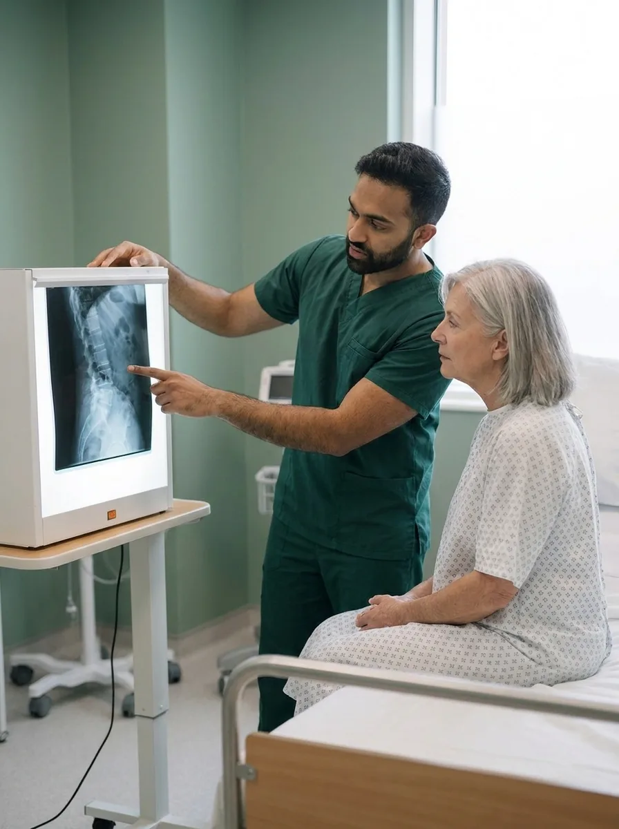 Dr. Shiveindra Jeyamohan consulting with a patient prior to spinal surgery.