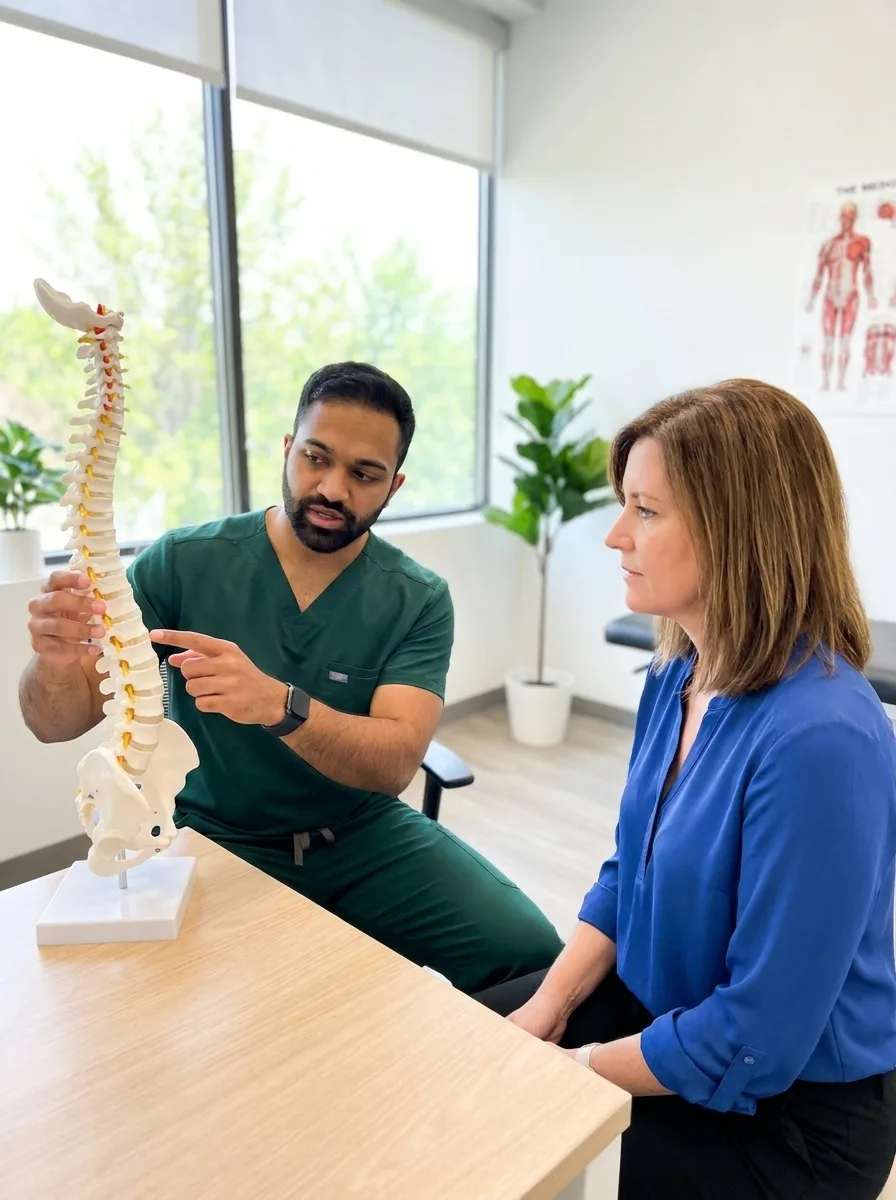 Dr. Shiveindra Jeyamohan consulting with a patient and pointing to the lumbar region on a model spine.