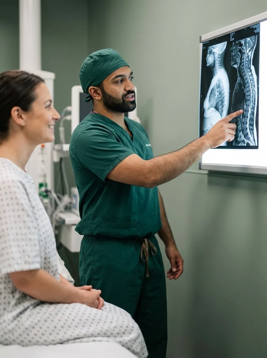 Dr. Jeyamohan consulting with a patient prior to an operation