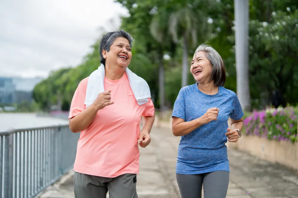 Older NJ woman going for a walk for spinal care