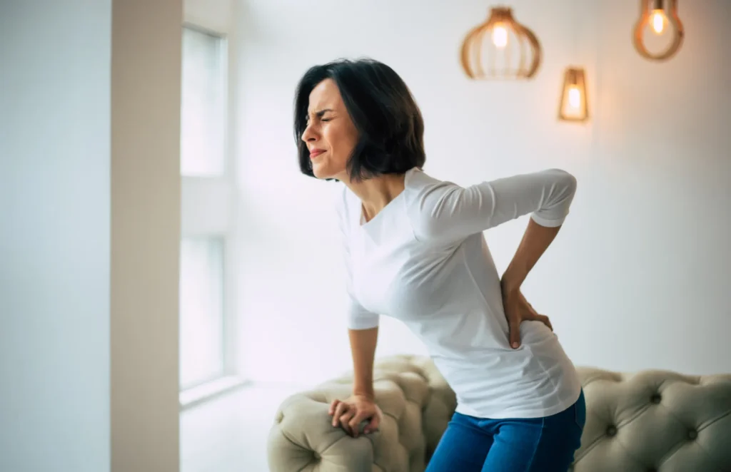 Young New Jersey Woman waking up with a stiff back, supporting her lumbar spine
